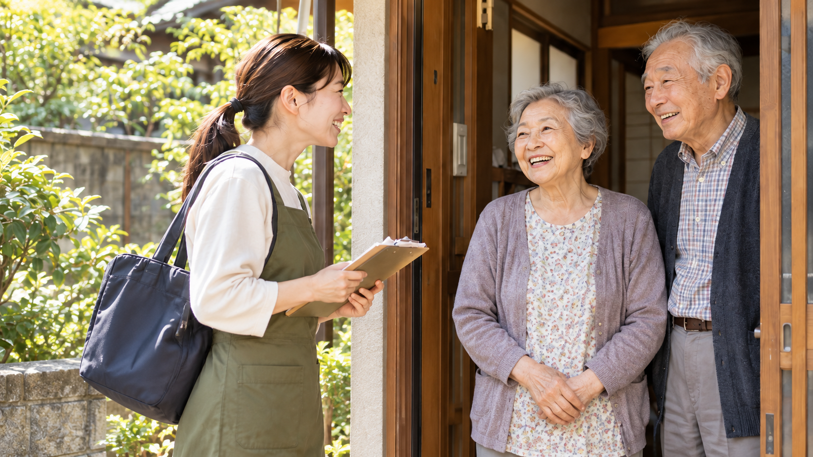 玄関先で高齢のご夫婦と話す生活支援スタッフのイメージ
