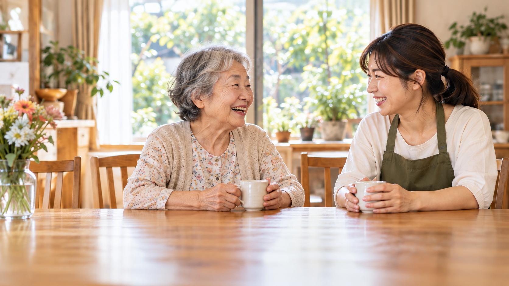 明るい部屋で高齢の女性と話す生活支援スタッフのイメージ